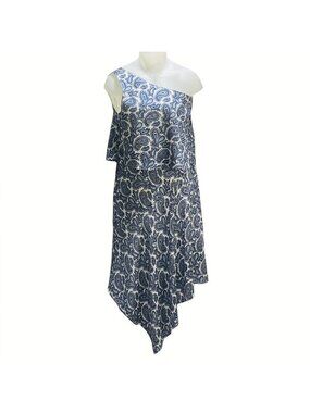 Banana Republic Blue & White Paisley Asymmetric Hem One-Shoulder Dress Womens Si